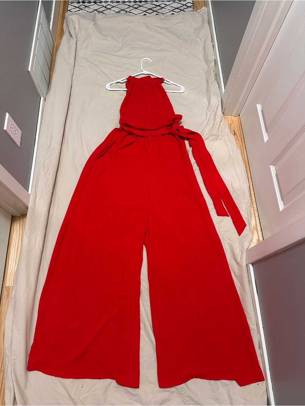 Red Halter Wide-Leg Jumpsuit with Tie Waist